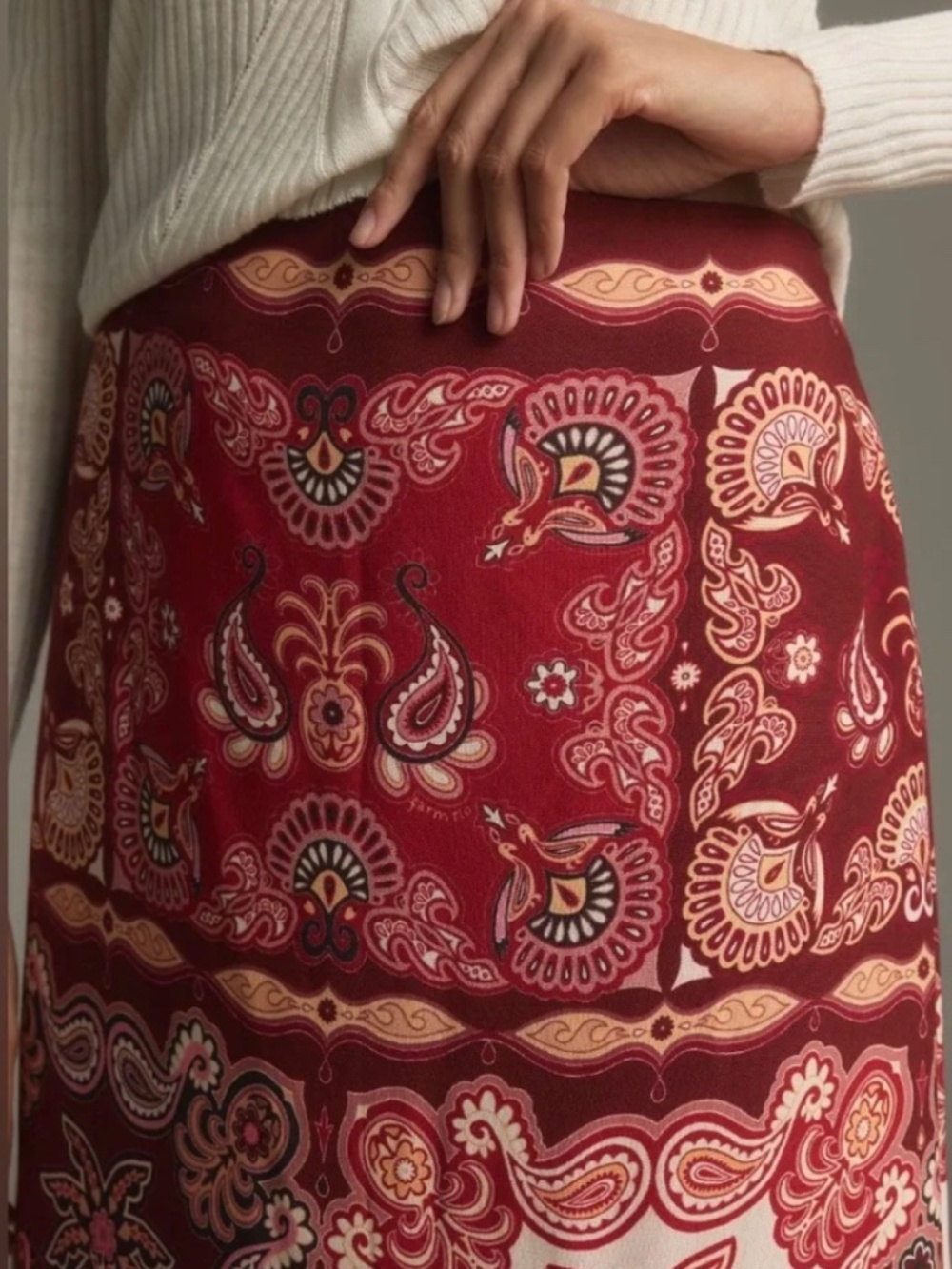 NWT Farm Rio Satin Slip A-Line Paisley Scarf Print Midi Skirt Medium - Picture 2 of 8